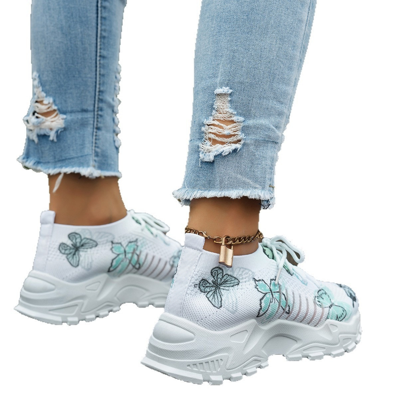 Women Butterfly Print Mesh Sne - Knit Fabric Lace Up Sneakers 评论和价格